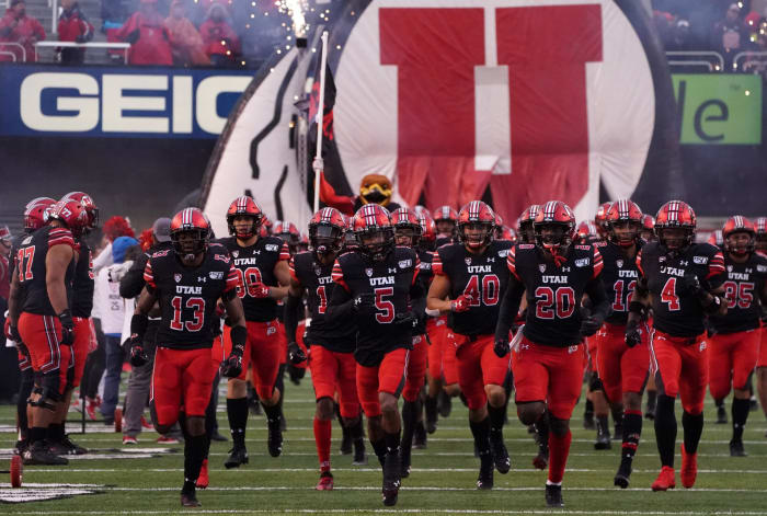 Oct 19, 2019; Salt Lake City, UT, USA; Utah Utes players run onto the field before the game against the Arizona State Sun Devils at Rice-Eccles Stadium.
